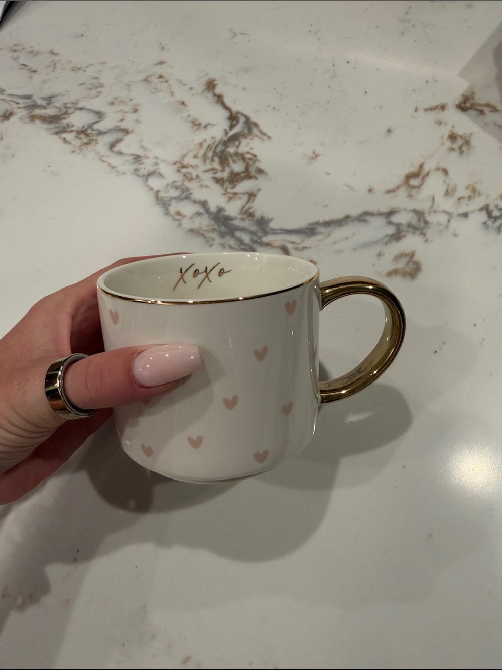 White Ceramic Mug with Pink Hearts and Gold Handle
